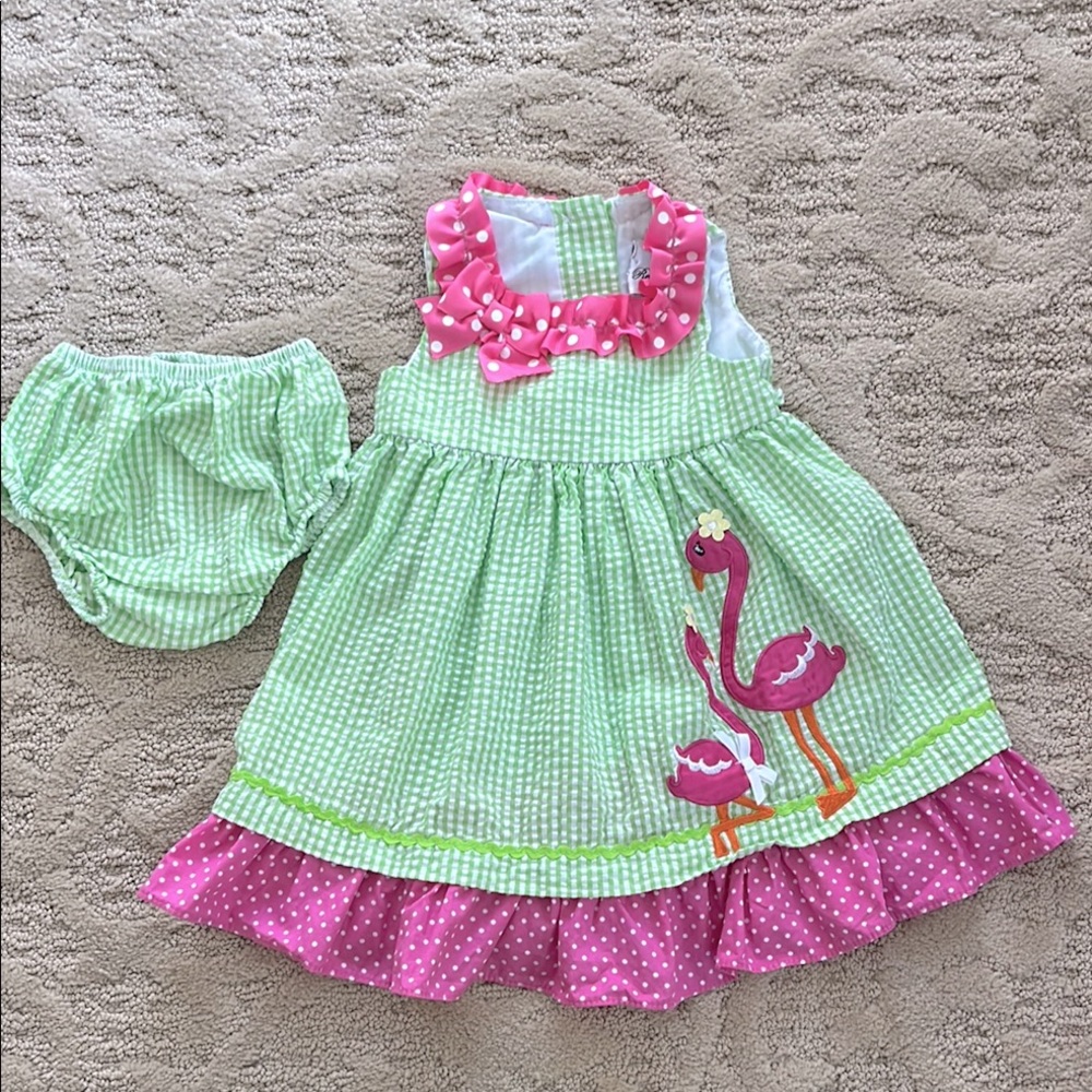 Rare Editions Pink and Green Seersucker Flamingos Set Size 12m